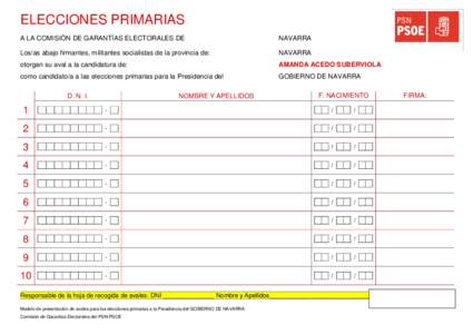 ELECCIONES PRIMARIAS A LA COMISIÓN DE GARANTÍAS ELECTORALES DE NAVARRA  Los/as abajo firmantes, militantes socialistas de la provincia de: