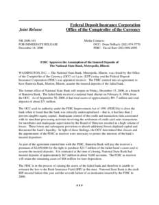 Joint Release  Federal Deposit Insurance Corporation Office of the Comptroller of the Currency  NR[removed]