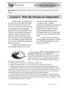 Year of the Ocean Keywords: phyla, brackish, mangroves, seagrasses, International Year of the Ocean Lesson I: Why the Oceans are Important! In this lesson, we will introduce