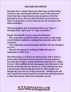 Also under the umbrella Sexuality isn’t a simple black and white issue of either being asexual or not; some people fall into a part of the spectrum where they have experienced sexual attraction or feel the potential to