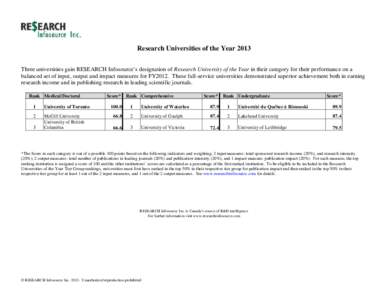 Research Universities of the Year 2013 Three universities gain RE$EARCH Infosource’s designation of Research University of the Year in their category for their performance on a balanced set of input, output and impact 