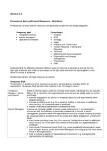 Annex 6.1 Professional Services External Resources – Definitions Professional services external resources can generally be split into two broad categories: Temporary staff  Temporary workers  Interim managers