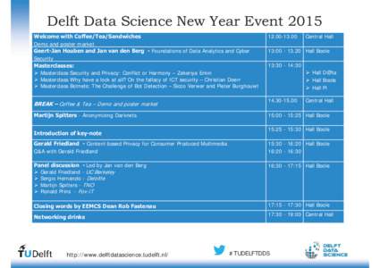 Delft Data Science New Year Event 2015 Welcome with Coffee/Tea/Sandwiches Demo and poster market Geert-Jan Houben and Jan van den Berg - Foundations of Data Analytics and Cyber Security Masterclasses: