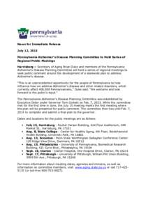 Pennsylvania Alzheimer's Disease Planning Committee to Hold Series of Regional Public Meetings