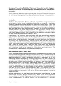 Emmanuel Tumusiime-Mutebile: The role of the central bank in the post 2015 era to promote local ownership of monetary and fiscal policies and processes