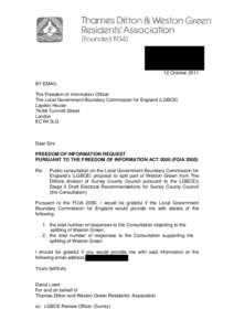 12 October 2011 BY EMAIL The Freedom of Information Officer The Local Government Boundary Commission for England (LGBCE) Layden House[removed]Turnmill Street