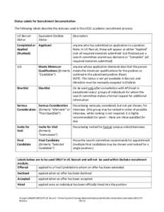 Status Labels for Recruitment Documentation The following labels describe the statuses used in the UCSC academic recruitment process: UC Recruit Status  Equivalent DivData