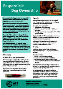 Responsible Dog Ownership Domestic animal policy promotes the responsible ownership of dogs whilst protecting the rights of dogs, dog owners and the community. Being a dog owner brings with it responsibilities.