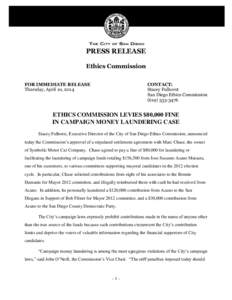 PRESS RELEASE Ethics Commission FOR IMMEDIATE RELEASE Thursday, April 10, 2014  CONTACT: