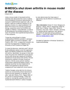 M-MDSCs shut down arthritis in mouse model of the disease