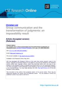 Christian List  Group communication and the transformation of judgments: an impossibility result Article (Accepted version)