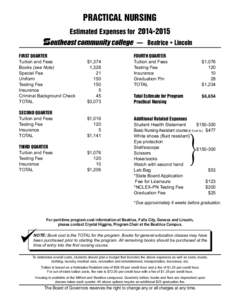 PRACTICAL NURSING Estimated Expenses for[removed] — Beatrice • Lincoln FIRST QUARTER Tuition and Fees Books (see Note)