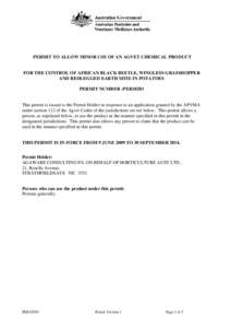 PERMIT TO ALLOW MINOR USE OF AN AGVET CHEMICAL PRODUCT  FOR THE CONTROL OF AFRICAN BLACK BEETLE, WINGLESS GRASSHOPPER AND REDLEGGED EARTH MITE IN POTATOES PERMIT NUMBER -PER10283