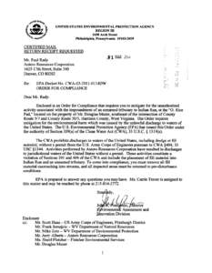 EPA Docket No. CWA[removed]0114DW Order for Compliance to Antero Resources dated March 31, 2011
