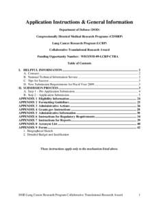 Application Instructions & General Information Department of Defense (DOD) Congressionally Directed Medical Research Programs (CDMRP) Lung Cancer Research Program (LCRP) Collaborative Translational Research Award Funding