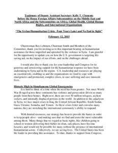 Testimony of Deputy Assistant Secretary Kelly T. Clements Before the House Foreign Affairs Subcommittee on the Middle East and North Africa and the Subcommittee on Africa, Global Health, Global Human Rights, and Internat