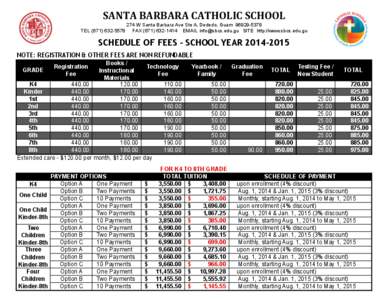 SANTA	
  BARBARA	
  CATHOLIC	
  SCHOOL TEL[removed]274 W Santa Barbara Ave Ste A, Dededo, Guam[removed]FAX[removed]EMAIL [removed] SITE http://www.sbcs.edu.gu