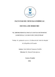 FACULTAD DE CIENCIAS JURÍDICAS ESCUELA DE DERECHO “EL APREMIO PERSONAL POR FALTA DE PAGO DE PENSIONES ALIMENTICIAS: Y SU EJECUCIÓN Y EFECTIVIDAD”