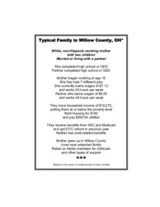 Typical Family in Willow County, OH* White, non-Hispanic working mother with two children Married or living with a partner She completed high school or GED Partner completed high school or GED