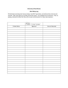 University of New Mexico  Meal Money Log  All individuals receiving meal money during a trip MUST sign below, and indicate the actual amount  received.  ONLY sign when you actually receive 