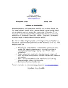 STATE OF DELAWARE OFFICE OF HIGHWAY SAFETY www.ohs.delaware.gov Newsletter Article