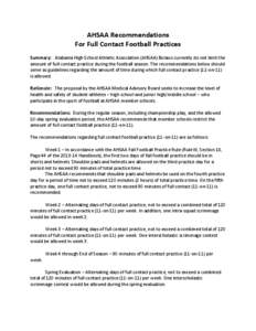 AHSAA Recommendations For Full Contact Football Practices Summary: Alabama High School Athletic Association (AHSAA) Bylaws currently do not limit the amount of full-contact practice during the football season. The recomm