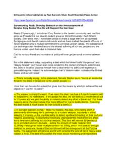 Critique (in yellow highlights) by Paul Surovell, Chair, South Mountain Peace Action  https://www.facebook.com/RabbiShmuleyBoteach/posts/ Statement by Rabbi Shmuley Boteach on the Announcement of Senator