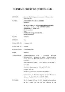 SUPREME COURT OF QUEENSLAND  CITATION: Barrera v The Orthopaedic Assessment Tribunal & AnorQSC 012