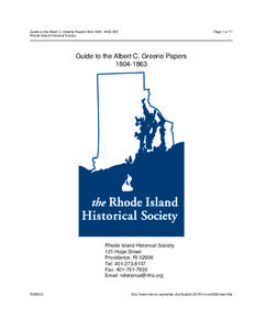 Guide to the Albert C. Greene Papers1804-1863 , MSS 452 Rhode Island Historical Society