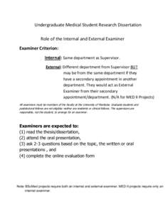 Undergraduate Medical Student Research Dissertation Role of the Internal and External Examiner Examiner Criterion: Internal: Same department as Supervisor. External: Different department from Supervisor BUT may be from t