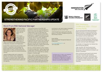 JULYSTRENGTHENING PACIFIC PARTNERSHIPS UPDATE Word from RSE National Manager Talofa lava, Malo e lelei, Kam na mauri,