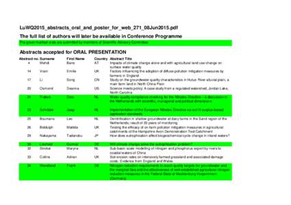 LuWQ2015_abstracts_oral_and_poster_for_web_271_08Jun2015.pdf The full list of authors will later be available in Conference Programme The green marked orals are submitted by members of Scientific Advisory Committee Abstr