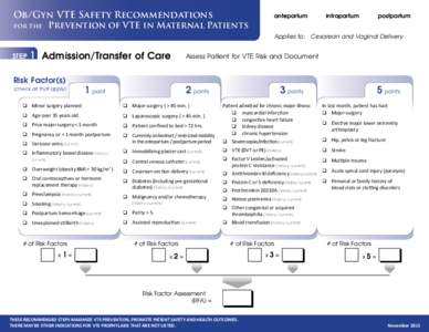 Ob/Gyn VTE Safety Recommendations for the antepartum	intrapartum	postpartum  Prevention of VTE in Maternal Patients