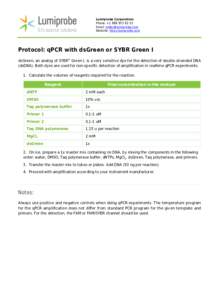 Lumiprobe Corporation Phone: +Email:  Website: http://lumiprobe.com  Protocol: qPCR with dsGreen or SYBR Green I