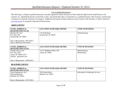 Qualified Business Report—Updated October 31, 2014 List of Qualified Businesses The following is a listing of qualified businesses currently registered with the Secretary of State under the High Growth Small Business J