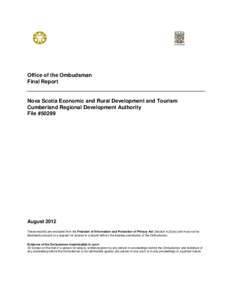 Office of the Ombudsman Final Report Nova Scotia Economic and Rural Development and Tourism Cumberland Regional Development Authority File #50299