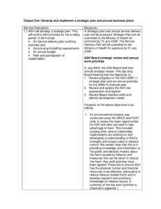 Output One: Develop and implement a strategic plan and annual business plans Service Description 1.1 ASH will develop a strategic plan. This will outline ASH priorities for the funding period. It will include: • An Ser