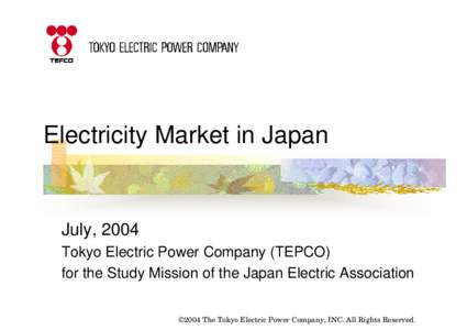 Electricity Market in Japan  July, 2004 Tokyo Electric Power Company (TEPCO) for the Study Mission of the Japan Electric Association ©2004 The Tokyo Electric Power Company, INC. All Rights Reserved.