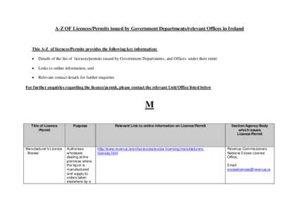 A-Z OF Licences/Permits issued by Government Departments/relevant Offices in Ireland  This A-Z of licences/Permits provides the following key information:   Details of the list of licences/permits issued by Government