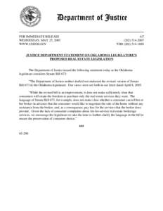 Justice Department Statement on Oklahoma Legislature's Proposed Real Estate Legislation