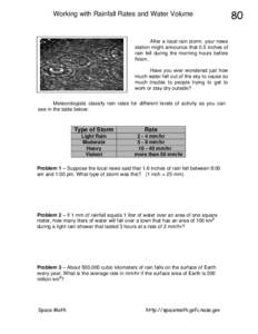 Working with Rainfall Rates and Water Volume  After a local rain storm, your news station might announce that 0.5 inches of rain fell during the morning hours before Noon.