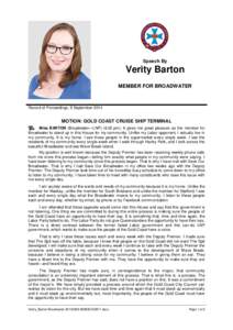 Speech By  Verity Barton MEMBER FOR BROADWATER  Record of Proceedings, 9 September 2014