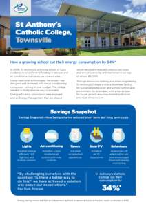 St Anthony’s Catholic College, Townsville How a growing school cut their energy consumption by 34%* In 2009, St Anthony’s, a thriving school of 1,200 students, received federal funding to enclose and