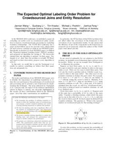 The Expected Optimal Labeling Order Problem for Crowdsourced Joins and Entity Resolution Jiannan Wang # , Guoliang Li # , Tim Kraska † , Michael J. Franklin ‡ , Jianhua Feng # #  Department of Computer Science, Tsing