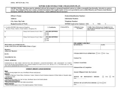 OTDA[removed]ELW (Rev[removed]M/WBE SUBCONTRACTOR UTILIZATION PLAN INSTRUCTIONS: This form must be submitted with any bid, proposal, or proposed negotiated contract or within a reasonable time thereafter, but prior to con