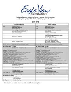 Tentative Agenda – Subject to Change – Summer 2016 Orientation (Complete agendas will be distributed during program check-in) DAY ONE Student Agenda 8:00
