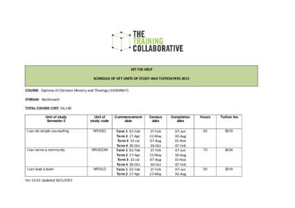 VET FEE-HELP SCHEDULE OF VET UNITS OF STUDY AND TUITION FEES 2015 COURSE: Diploma of Christian Ministry and Theology (10434NAT) STREAM: Northreach TOTAL COURSE COST: $6,240 Unit of study