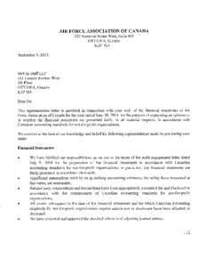 September 5, 2014. Mr. Dean Black Executive Director Air Force Association of Canada 222 Somerset Street West, Suite 400 OTTAWA, Ontario