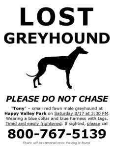 LOST  GREYHOUND PLEASE DO NOT CHASE “Tony” – small red fawn male greyhound at