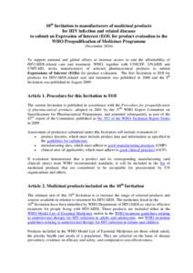 10th Invitation to manufacturers of medicinal products for HIV infection and related diseases to submit an Expression of Interest (EOI) for product evaluation to the WHO Prequalification of Medicines Programme (November 
